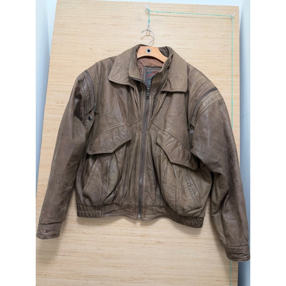 Adventure Bound Originals Brown Leather Bomber Flight Jacket Mens Large Zip